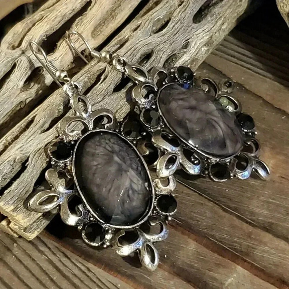 Vintage 90s Lacy Fancy Gray Antique Silver Acrylic Crystal Dangle Earrings - Picture 1 of 8